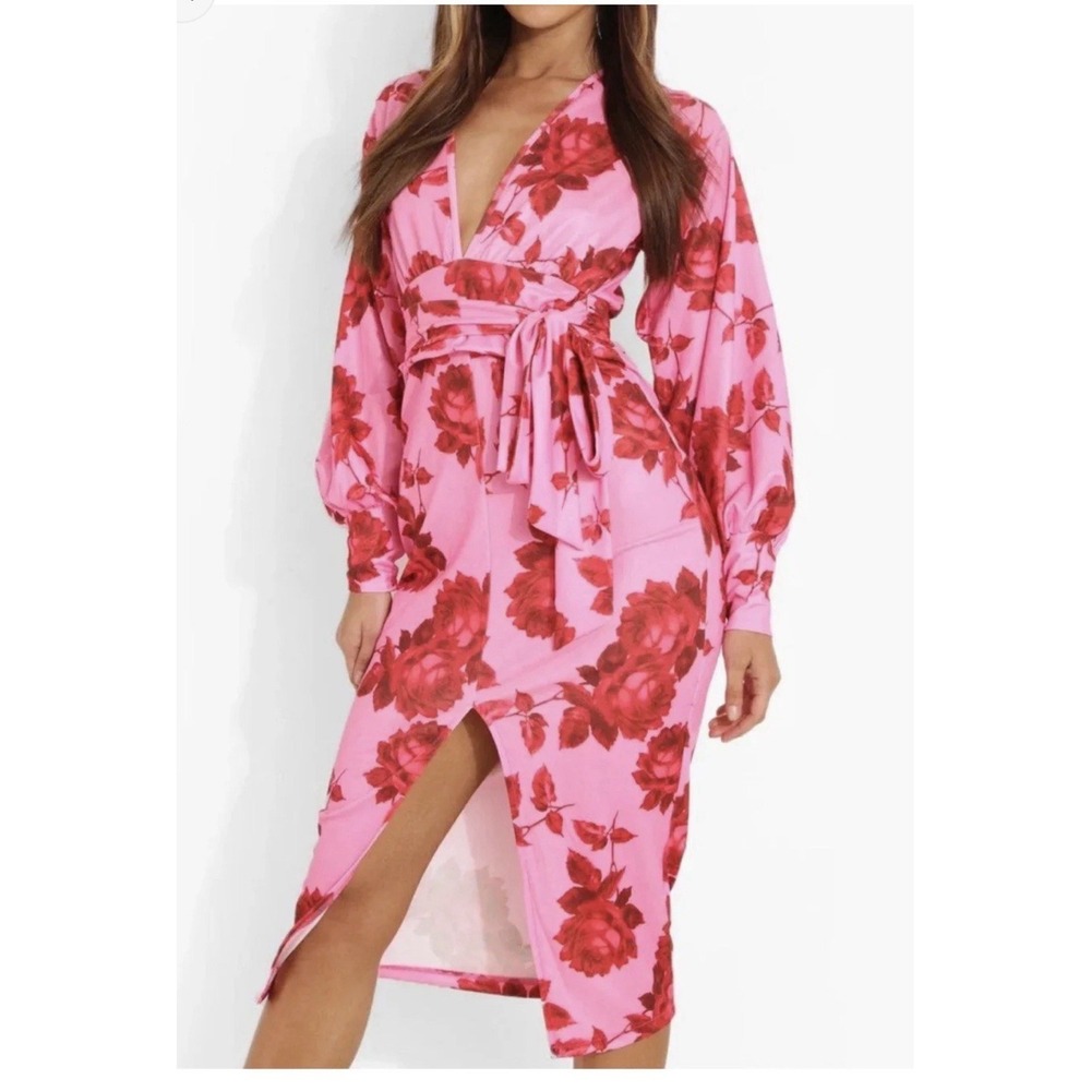 Boohoo Womens Floral Pink Plunge Tie Waist Midi Dress NWT US 14